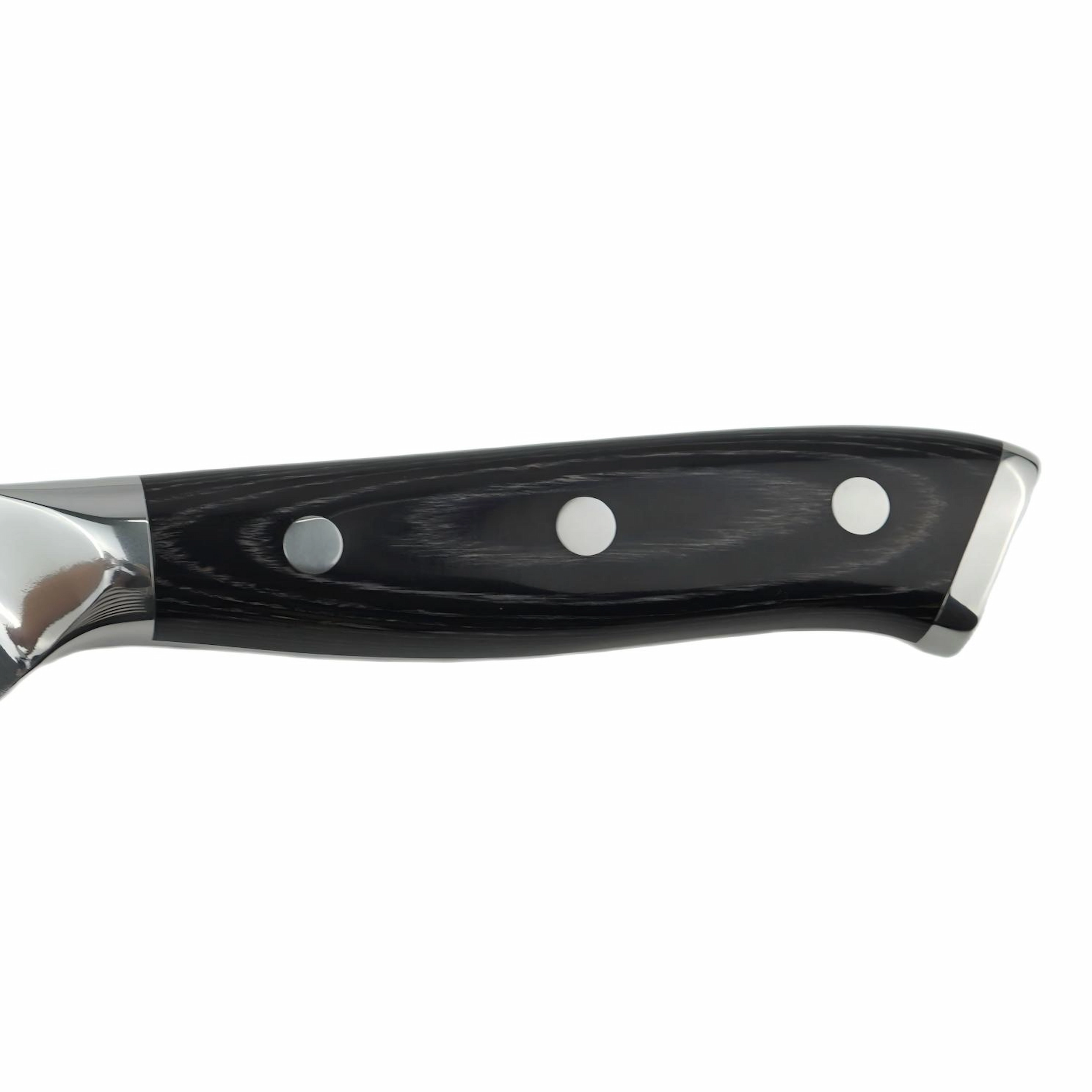 Close up view of the triple riveted black pakkawood handle with steel end cap isolated on white background KL-KN-HM-003