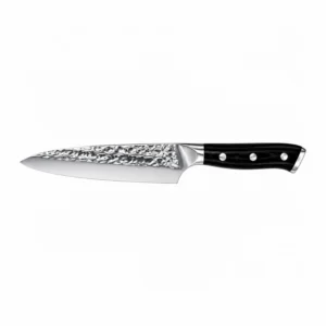 Hammered high carbon stainless steel chef knife with black pakkawood handle isolated on white background KL-KN-HM-003