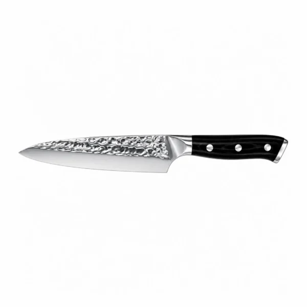 Hammered high carbon stainless steel chef knife with black pakkawood handle isolated on white background KL-KN-HM-003