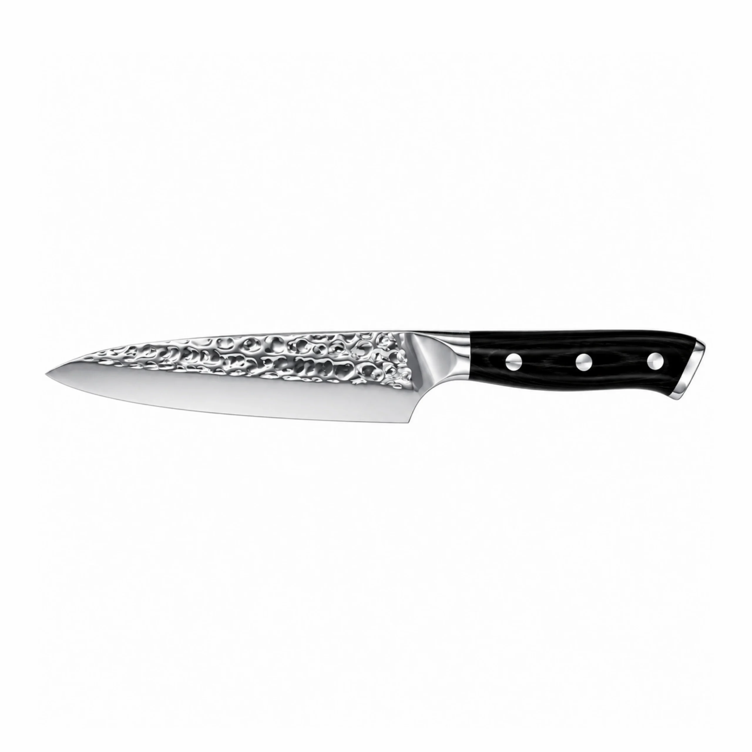 Hammered high carbon stainless steel chef knife with black pakkawood handle isolated on white background KL-KN-HM-003