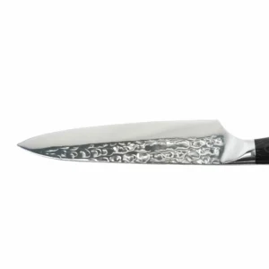 Close up view of the mirror polished hammered tsuchime stainless steel blade isolated on white background KL-KN-HM-003