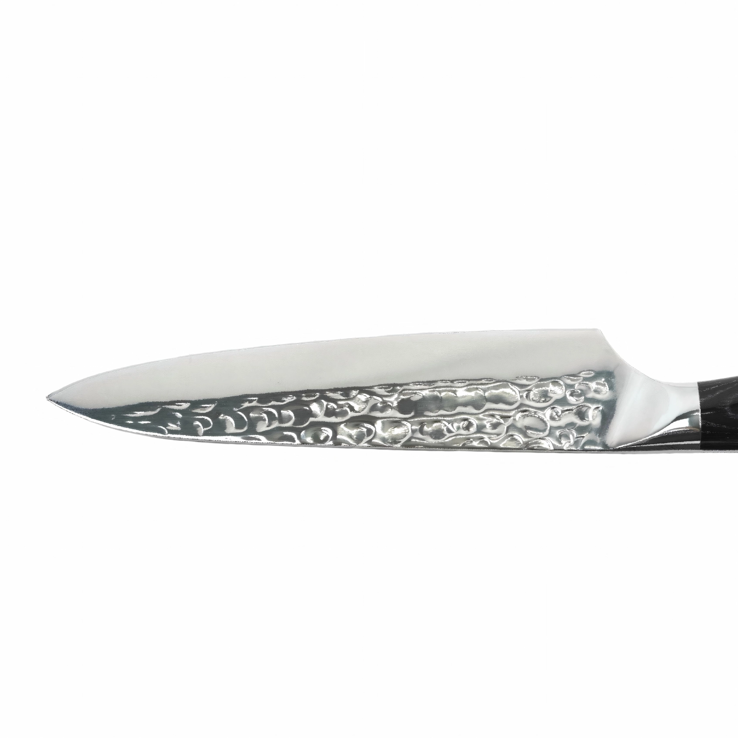 Close up view of the mirror polished hammered tsuchime stainless steel blade isolated on white background KL-KN-HM-003