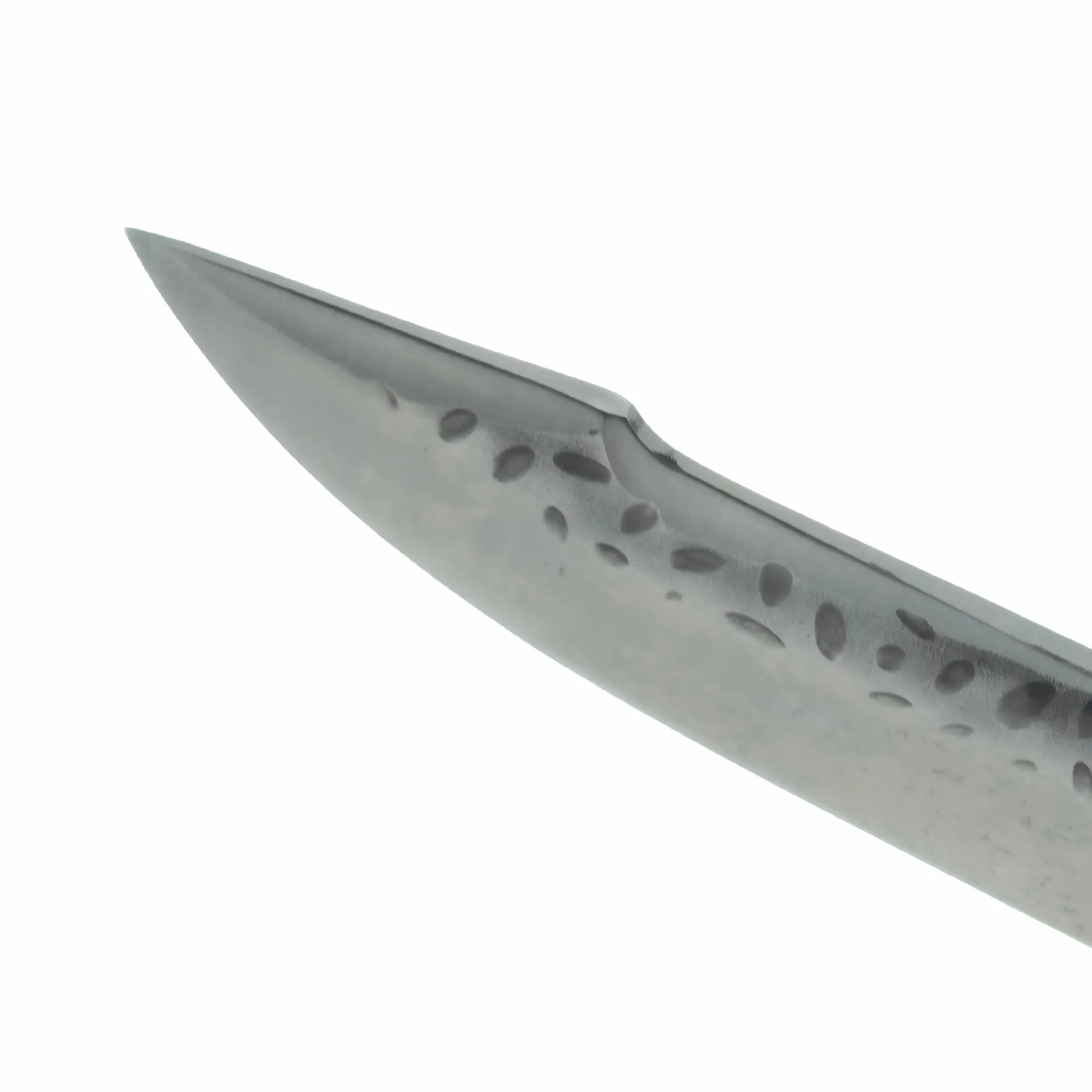 Hammered Fixed Blade Hunting Knife Blade Detail | KaiLionCrafts Close-up view of a hammered dimple finish stainless steel fixed blade isolated on white background. SKU: KL-OD-SS-008.