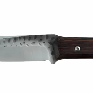 Hammered Fixed Blade Hunting Knife Bolster Detail | KaiLionCrafts Close-up view of the hammered dimple pattern transition and wenge wood bolster isolated on white background. SKU: KL-OD-SS-008.