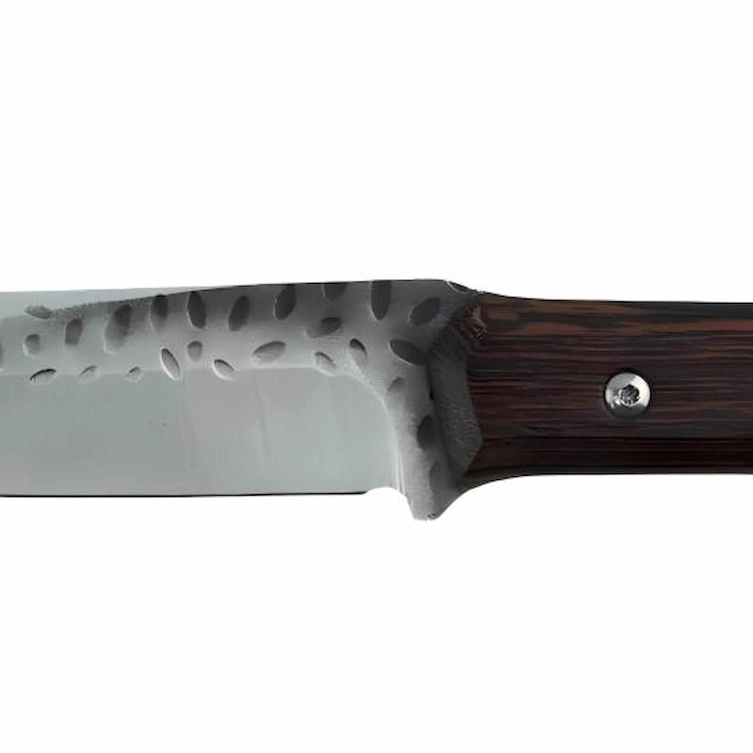 Hammered Fixed Blade Hunting Knife Bolster Detail | KaiLionCrafts Close-up view of the hammered dimple pattern transition and wenge wood bolster isolated on white background. SKU: KL-OD-SS-008.