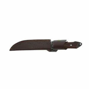 Hammered Fixed Blade Hunting Knife with Leather Sheath | KaiLionCrafts Hammered stainless steel fixed blade hunting knife inside an embossed brown leather sheath isolated on white background. SKU: KL-OD-SS-008.