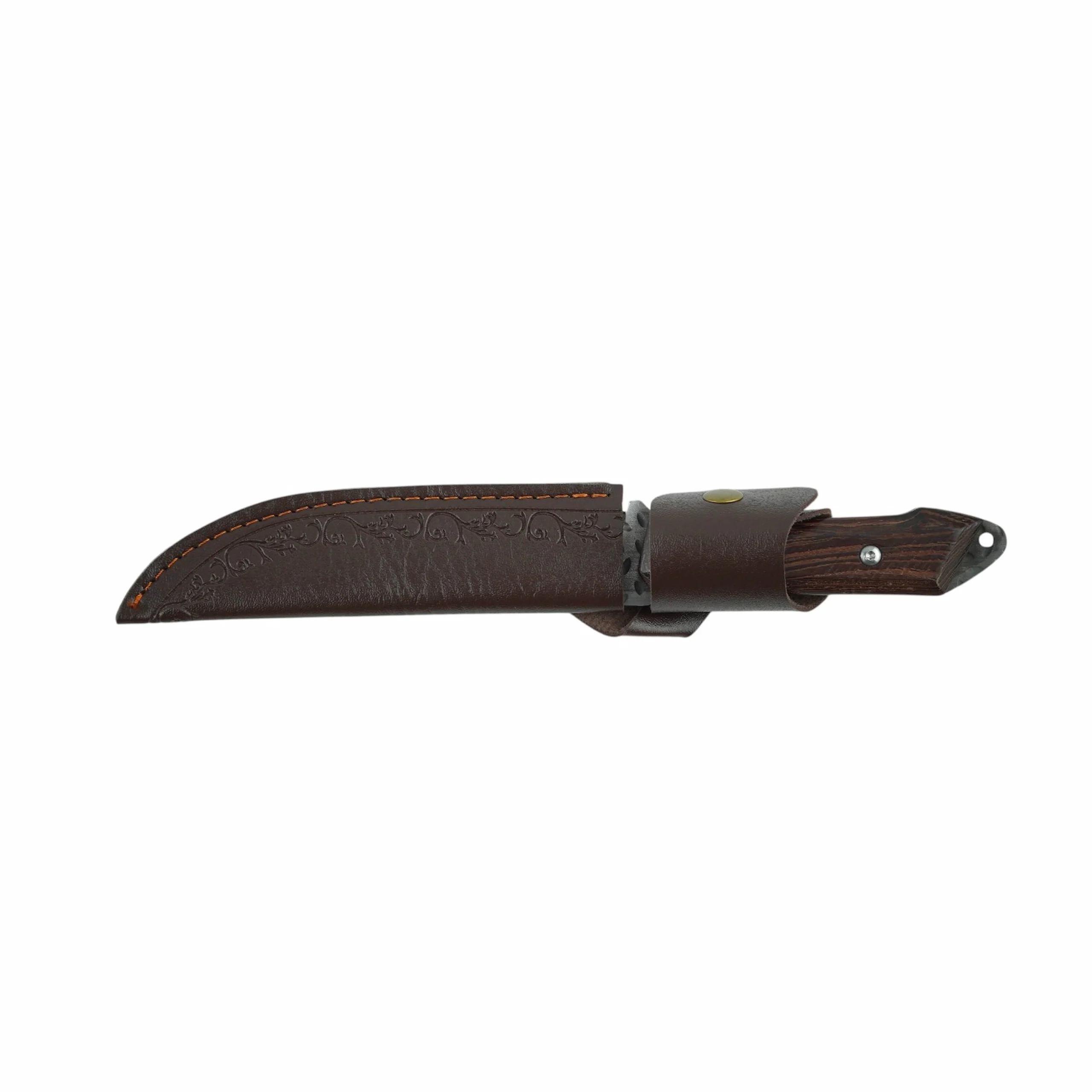 Hammered Fixed Blade Hunting Knife with Leather Sheath | KaiLionCrafts Hammered stainless steel fixed blade hunting knife inside an embossed brown leather sheath isolated on white background. SKU: KL-OD-SS-008.