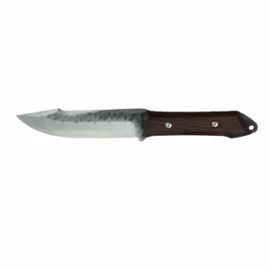 Hammered Fixed Blade Hunting Knife - Front View | KaiLionCrafts Hammered stainless steel fixed blade hunting knife with wenge wood handle isolated on white background. SKU: KL-OD-SS-008.