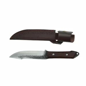 Hammered Fixed Blade Hunting Knife and Leather Sheath | KaiLionCrafts Hammered stainless steel fixed blade hunting knife shown alongside its embossed brown leather sheath isolated on white background. SKU: KL-OD-SS-008.