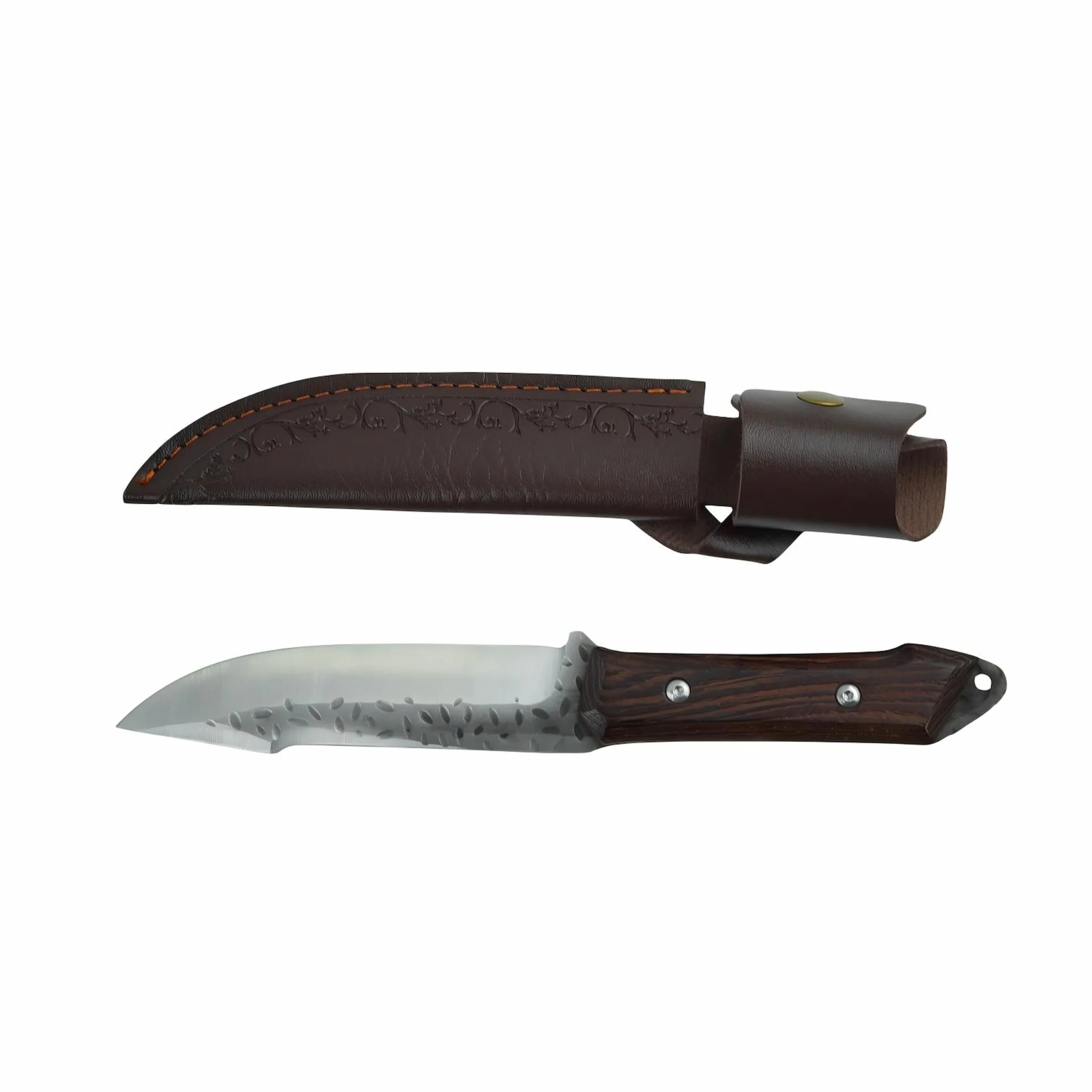 Hammered Fixed Blade Hunting Knife and Leather Sheath | KaiLionCrafts Hammered stainless steel fixed blade hunting knife shown alongside its embossed brown leather sheath isolated on white background. SKU: KL-OD-SS-008.