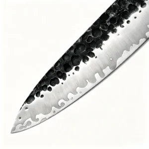 Hammered Chef Knife - Blade Close-Up | KaiLionCrafts :Hand forged hammered high carbon steel chef knife blade detail isolated on white background KL-KN-HC-005