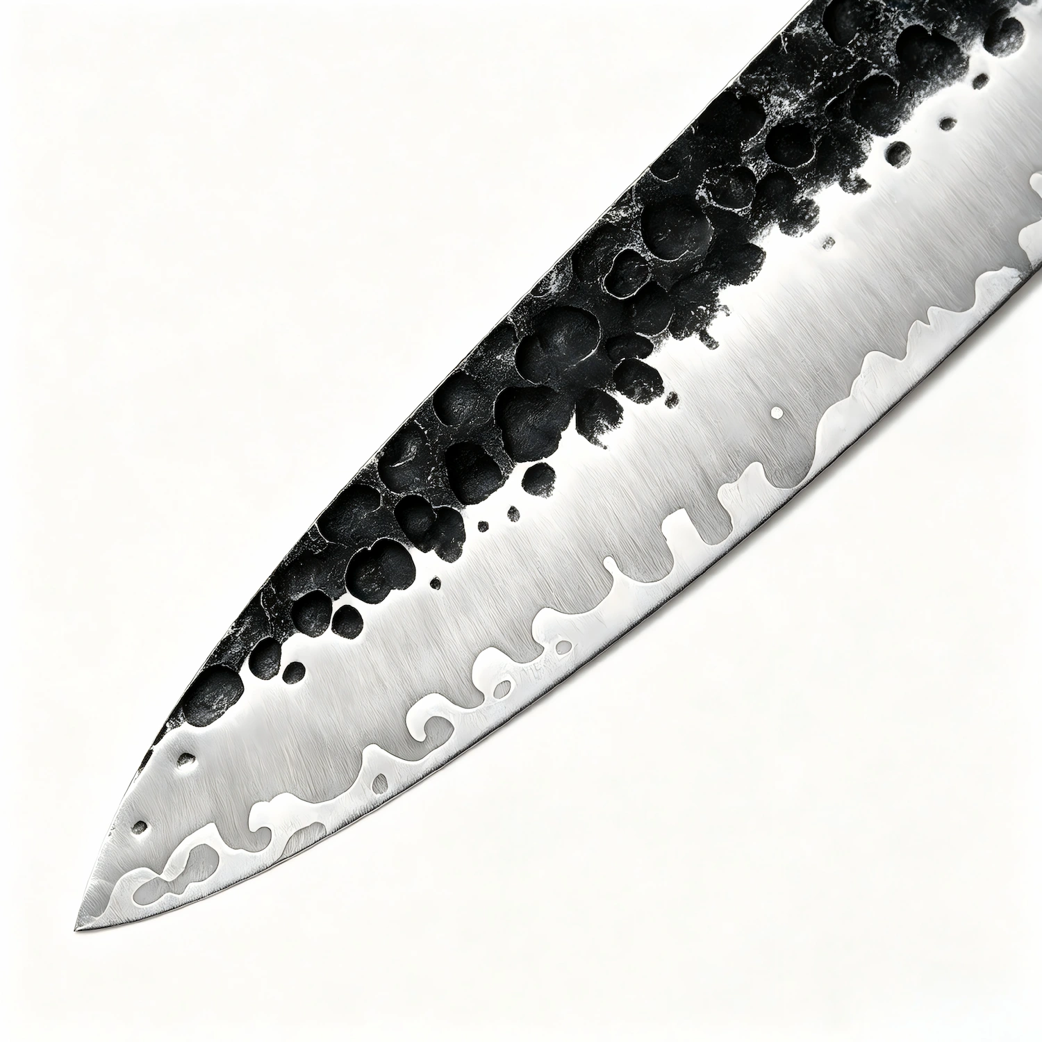 Hammered Chef Knife - Blade Close-Up | KaiLionCrafts :Hand forged hammered high carbon steel chef knife blade detail isolated on white background KL-KN-HC-005