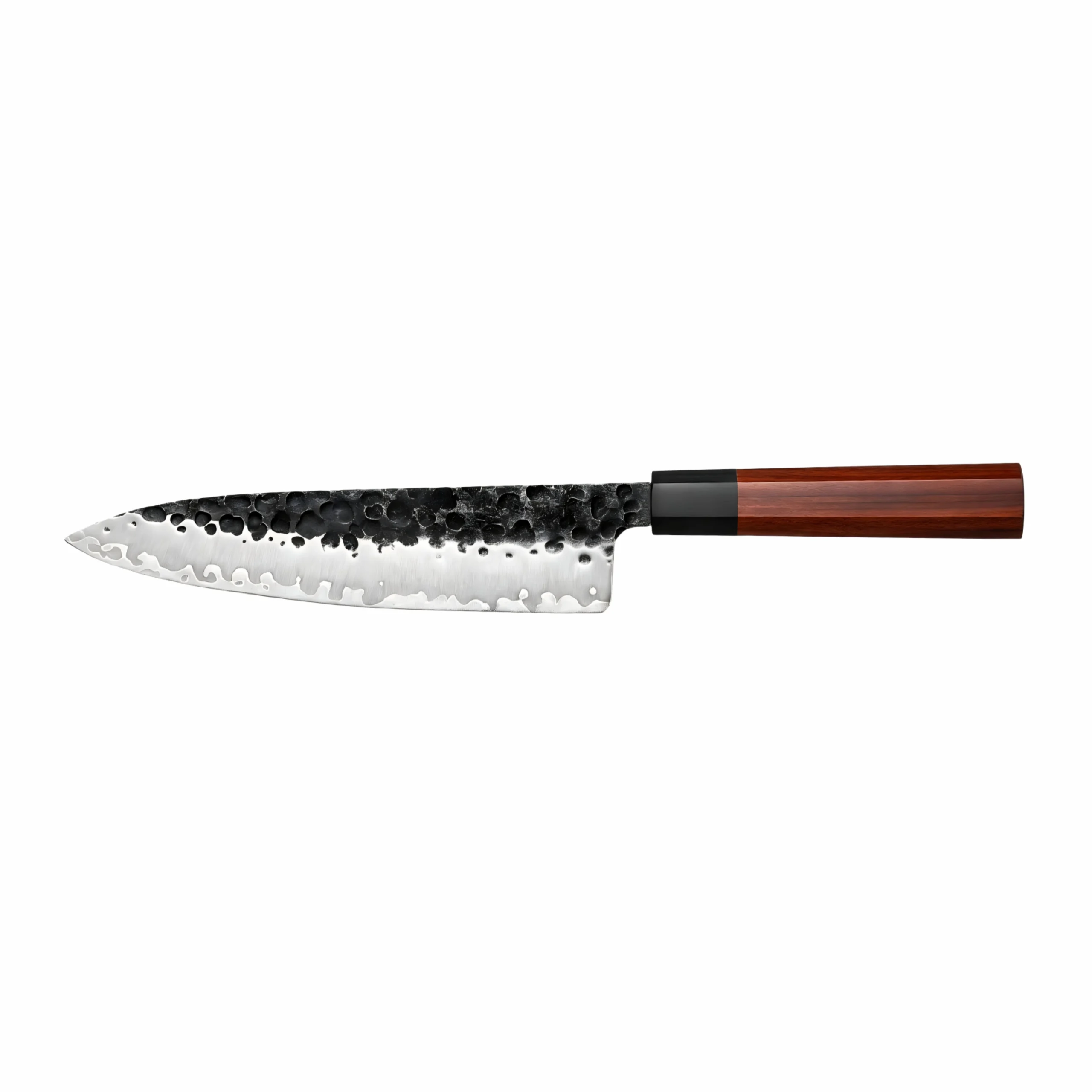 Hammered Black Oxide Chef Knife - Front View | KaiLionCrafts Hand forged hammered chef knife with octagonal rosewood handle isolated on white background KL-KN-HC-005