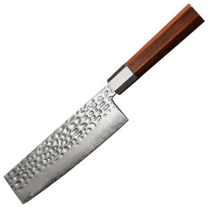 Angled 45-degree view of hammered Damascus nakiri vegetable knife with rosewood handle, isolated on white background, KL-KN-HM-009.