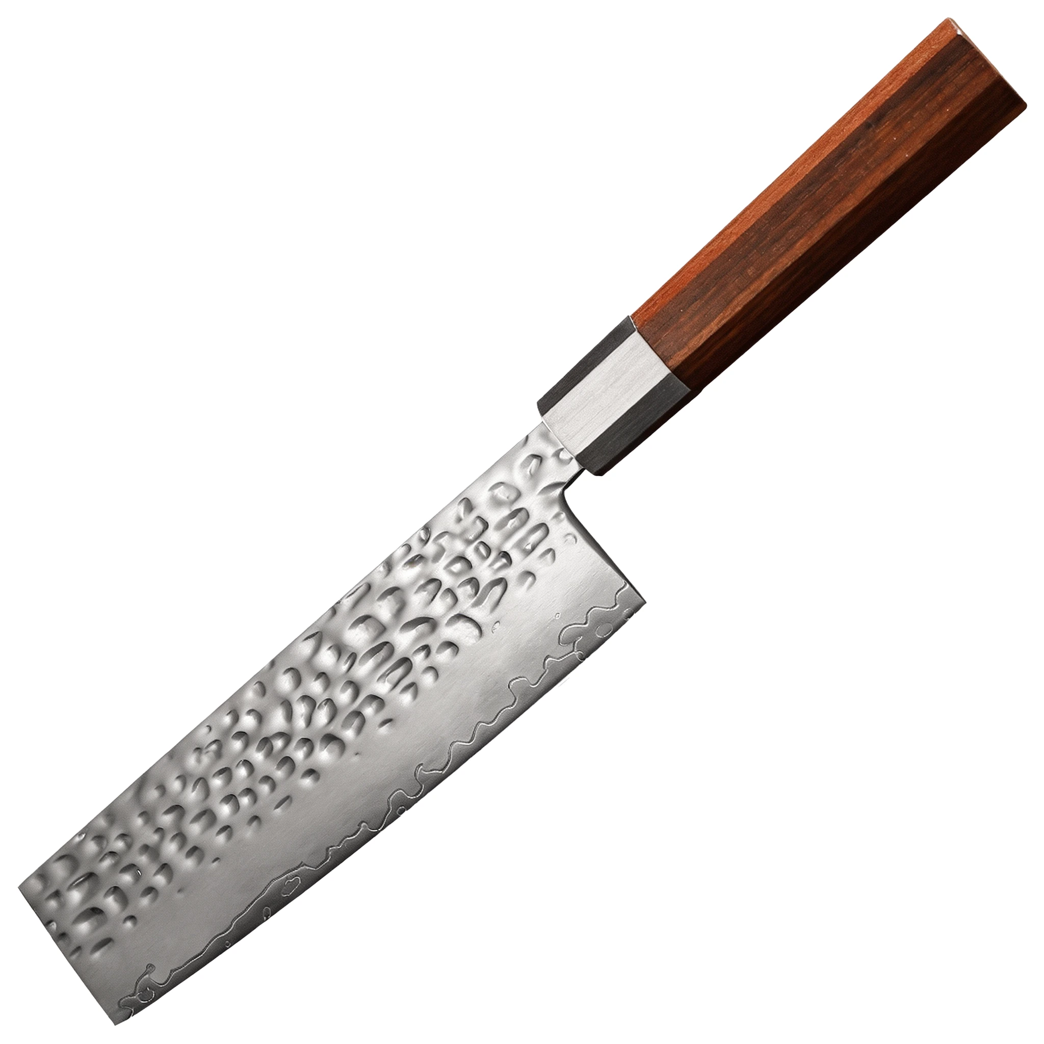 Angled 45-degree view of hammered Damascus nakiri vegetable knife with rosewood handle, isolated on white background, KL-KN-HM-009.