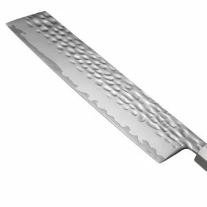 Side close-up of precision cutting edge and hammered Tsuchime blade of nakiri vegetable knife, isolated on white background, KL-KN-HM-009.