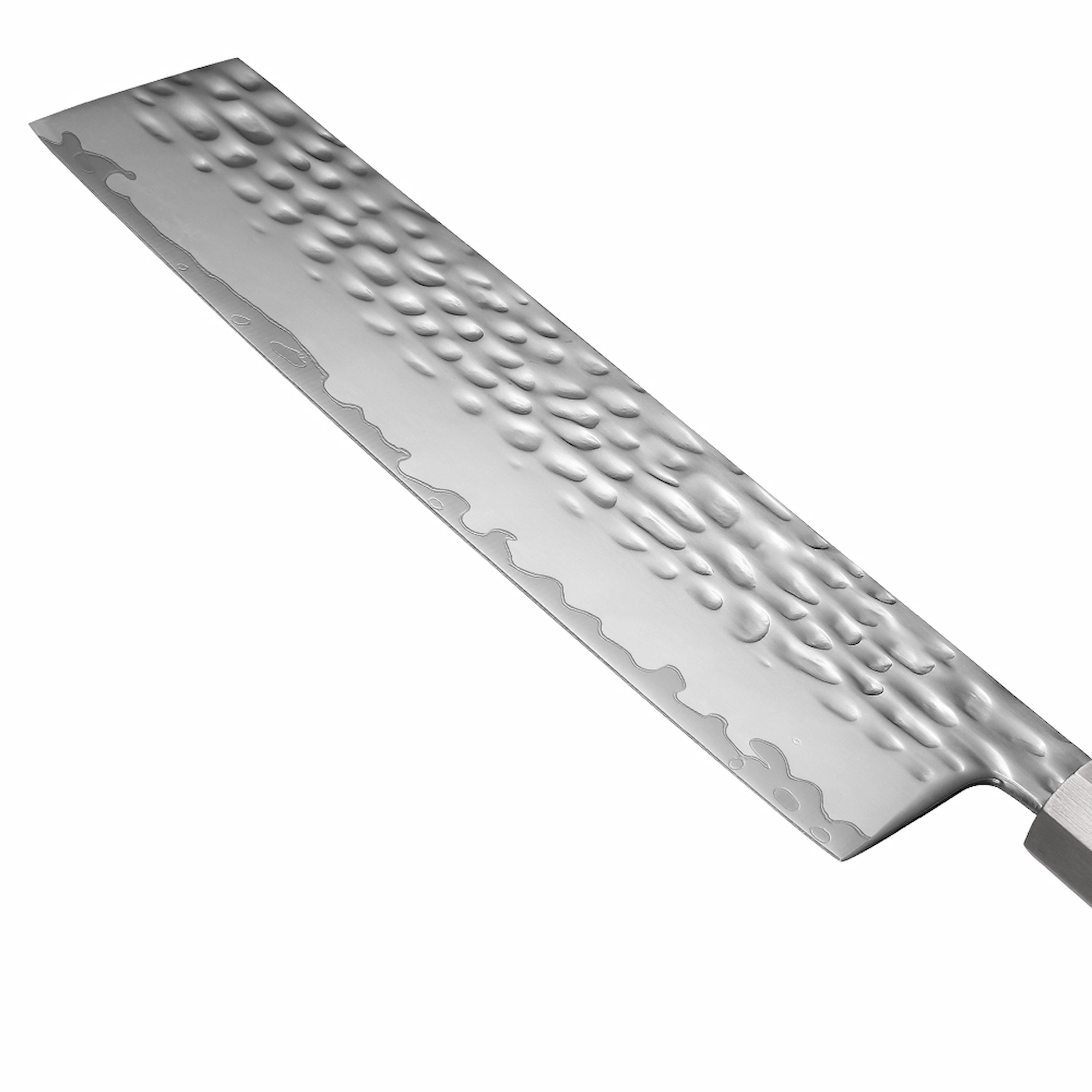 Side close-up of precision cutting edge and hammered Tsuchime blade of nakiri vegetable knife, isolated on white background, KL-KN-HM-009.