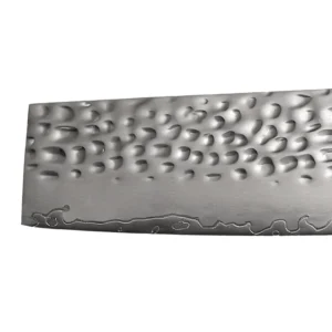 Close-up of Tsuchime hammered texture and Damascus wave cutting edge of nakiri knife, isolated on white background, KL-KN-HM-009.