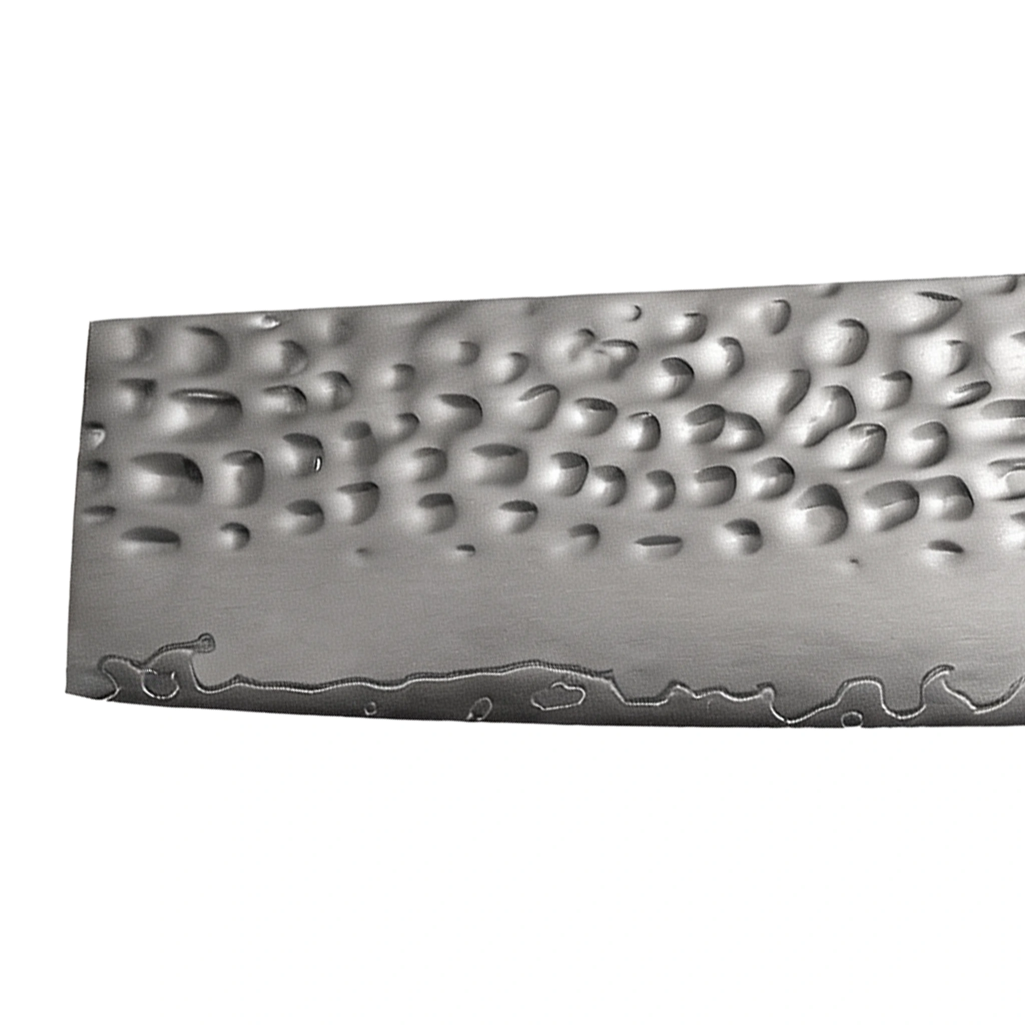 Close-up of Tsuchime hammered texture and Damascus wave cutting edge of nakiri knife, isolated on white background, KL-KN-HM-009.