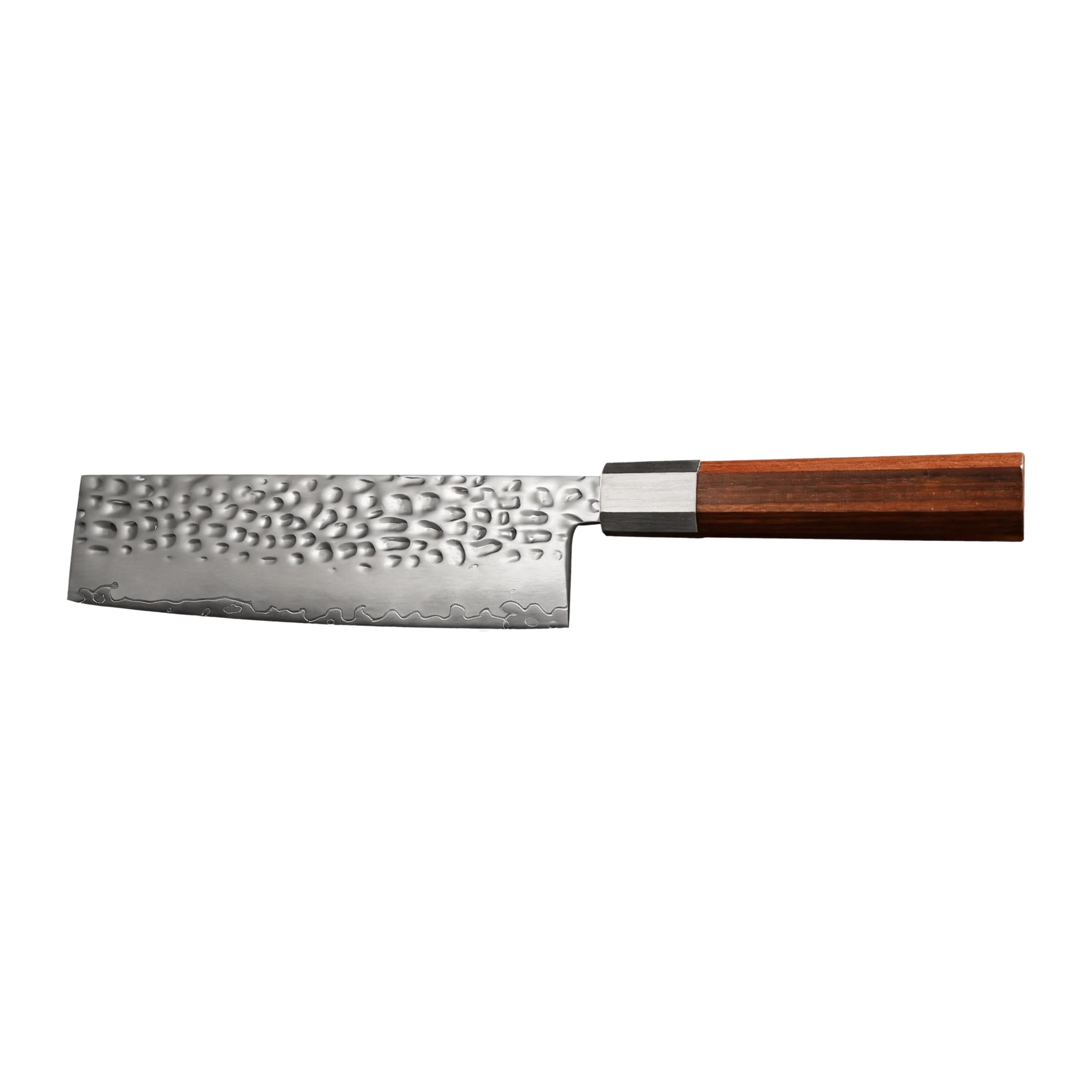 Hammered Damascus-pattern nakiri vegetable knife with rosewood handle, isolated on white background, KL-KN-HM-009.
