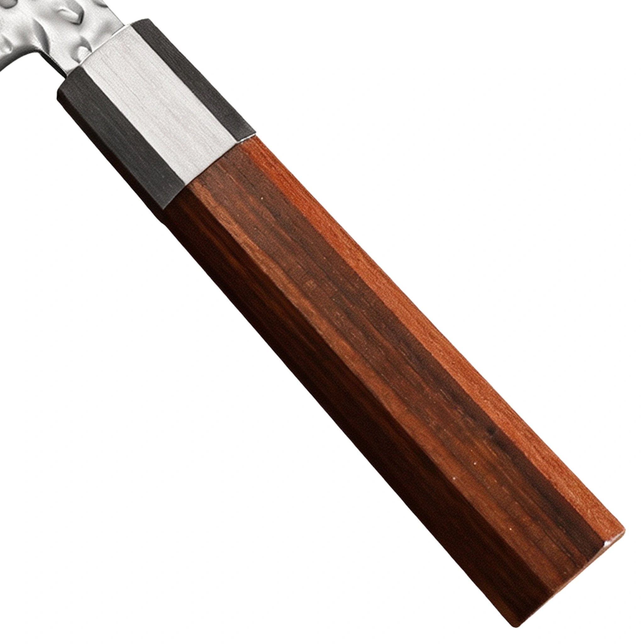 Close-up of octagonal rosewood handle and stainless steel bolster of nakiri knife, isolated on white background, KL-KN-HM-009.