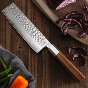 Hammered Damascus nakiri vegetable knife with rosewood handle in real kitchen preparation scene, KL-KN-HM-009.