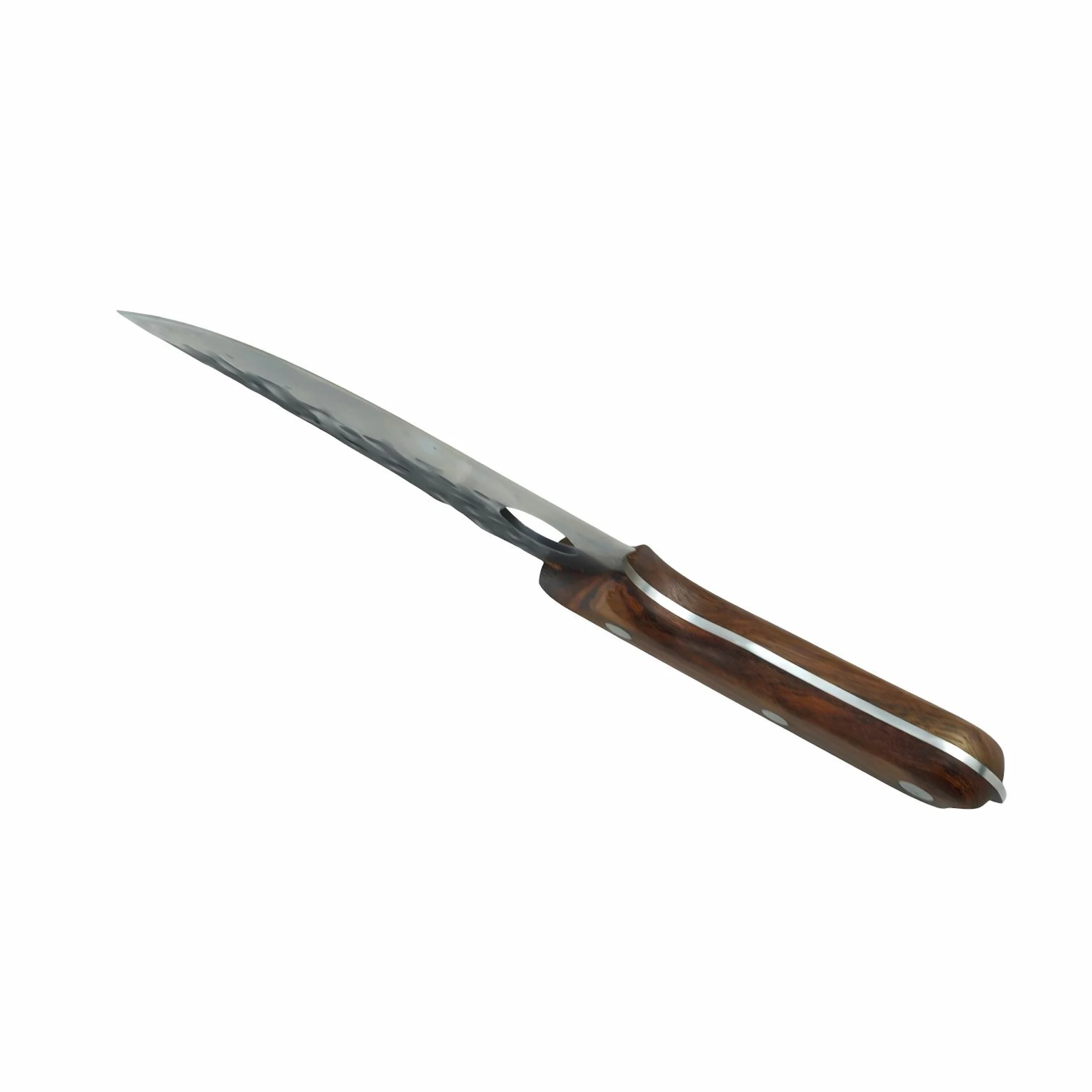 Hand-forged bushcraft hunting knife shown from a 45-degree angle isolated on white background. SKU KL-OD-HC-006
