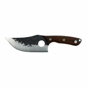 ：Hand-forged carbon steel hunting knife with walnut handle isolated on white background. SKU KL-OD-HC-006