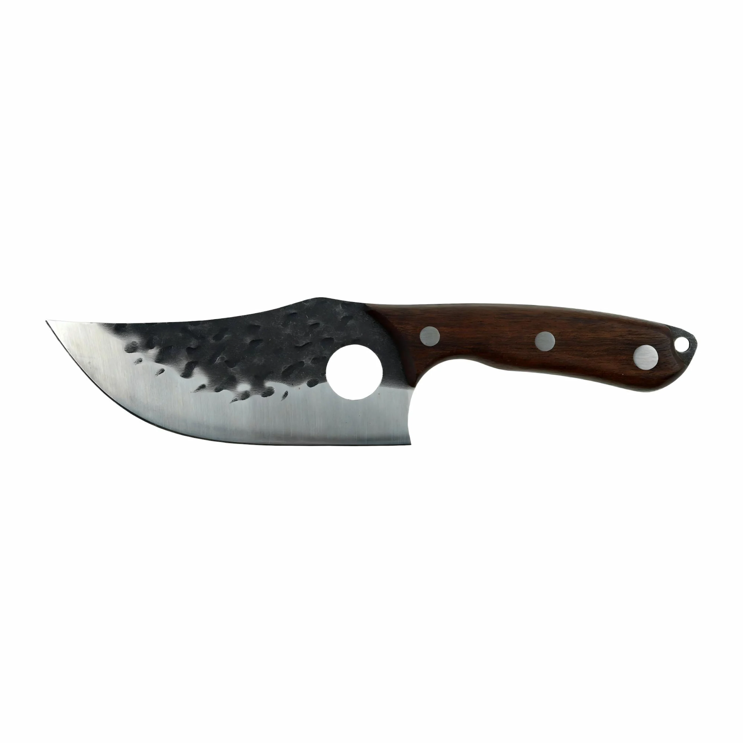 ：Hand-forged carbon steel hunting knife with walnut handle isolated on white background. SKU KL-OD-HC-006