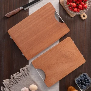 Hardwood cutting boards with stainless steel handles displayed on wooden tabletop KL-KA-CB-001
