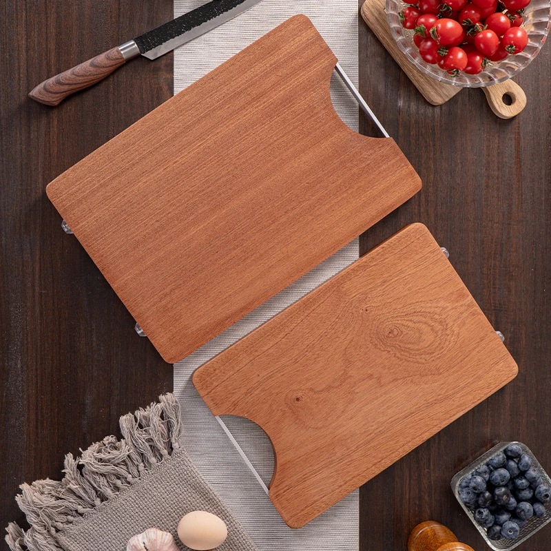 Hardwood cutting boards with stainless steel handles displayed on wooden tabletop KL-KA-CB-001