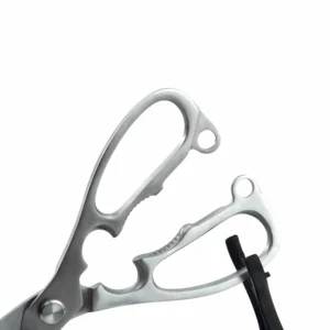 All-Steel Kitchen Shears - Opened Handle Close-up | KaiLionCrafts Close-up of all-metal heavy duty kitchen shears opened handle with integrated nutcracker on white background, SKU KL-SC-PR-004