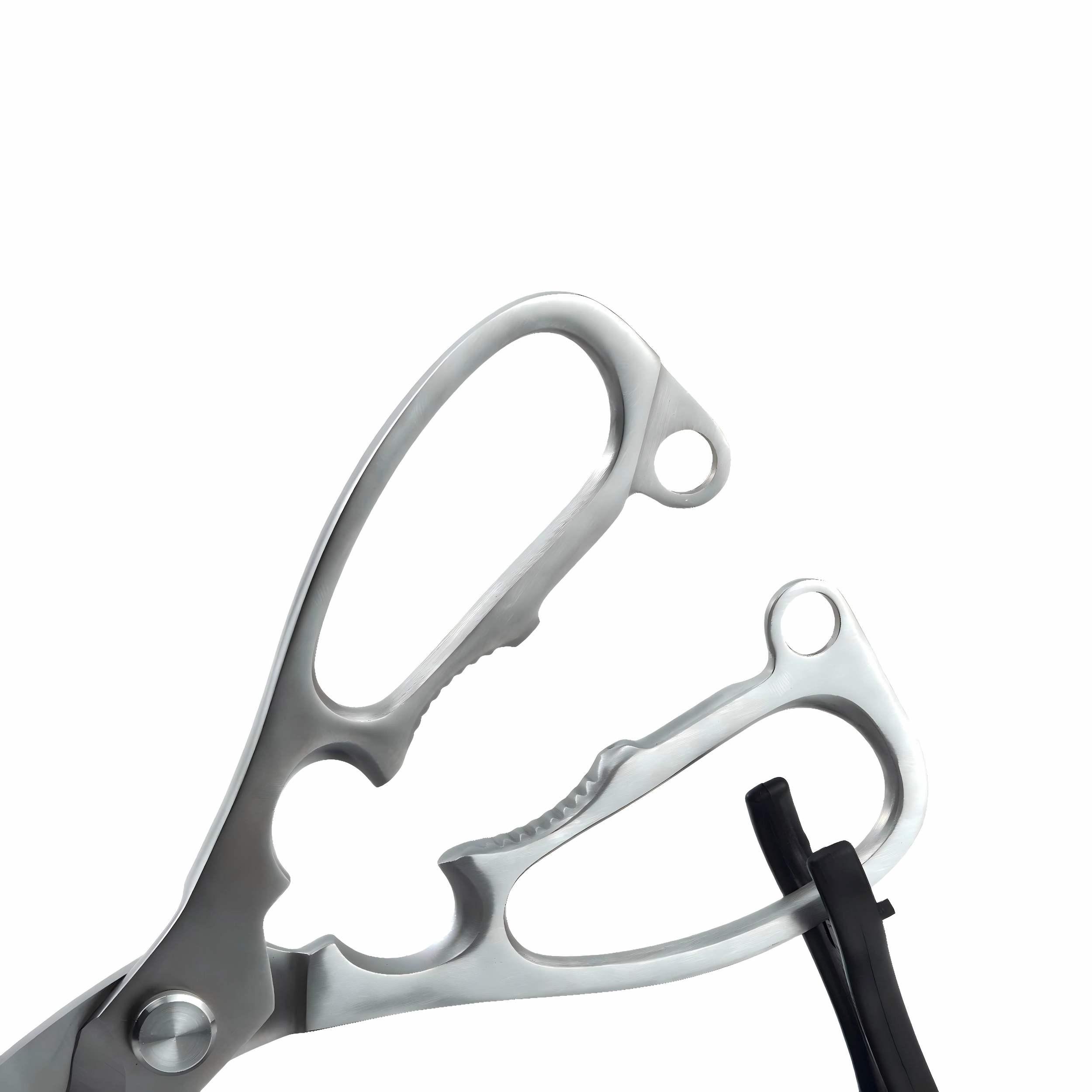 All-Steel Kitchen Shears - Opened Handle Close-up | KaiLionCrafts Close-up of all-metal heavy duty kitchen shears opened handle with integrated nutcracker on white background, SKU KL-SC-PR-004