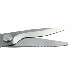 Close-up of brushed stainless steel heavy duty kitchen shears with opened serrated blade on white background, SKU KL-SC-PR-004