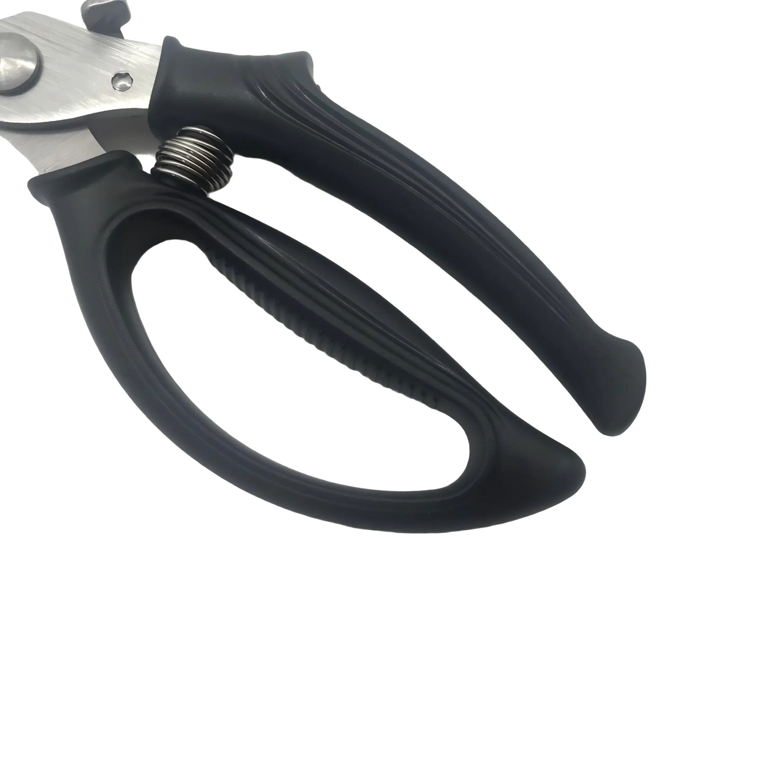 Ergonomic black plastic handle close-up with spring and lock detail on poultry shears on white background, SKU KL-SC-SS-004.