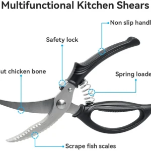 Multifunctional kitchen poultry shears in open position with technical feature callouts isolated on white background, SKU KL-SC-SS-004.