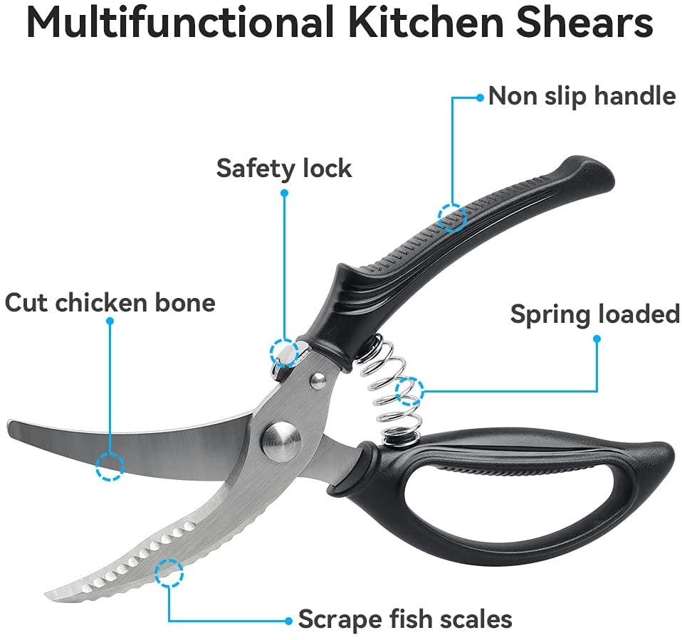Multifunctional kitchen poultry shears in open position with technical feature callouts isolated on white background, SKU KL-SC-SS-004.