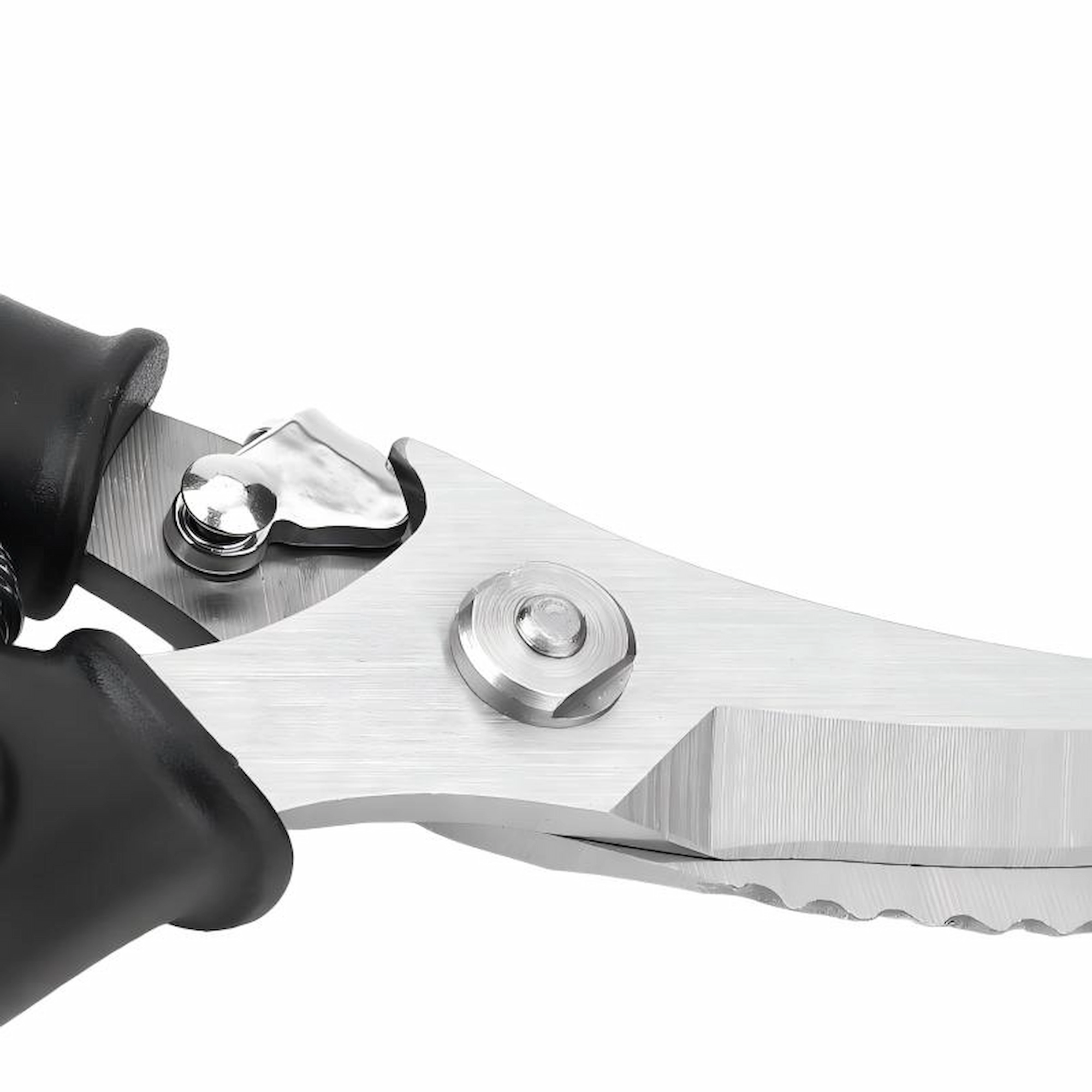 Close-up of safety lock latch and pivot joint on heavy-duty poultry shears isolated on white background, SKU KL-SC-SS-004.