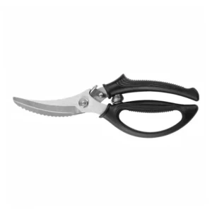 Heavy-duty spring-loaded poultry shears with ergonomic black handles in closed position isolated on white background, SKU KL-SC-SS-004.