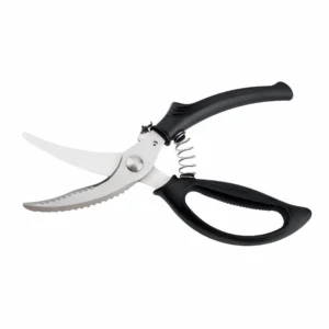 ：Heavy-duty spring-loaded poultry shears with ergonomic black handles in fully opened position isolated on white background, SKU KL-SC-SS-004.