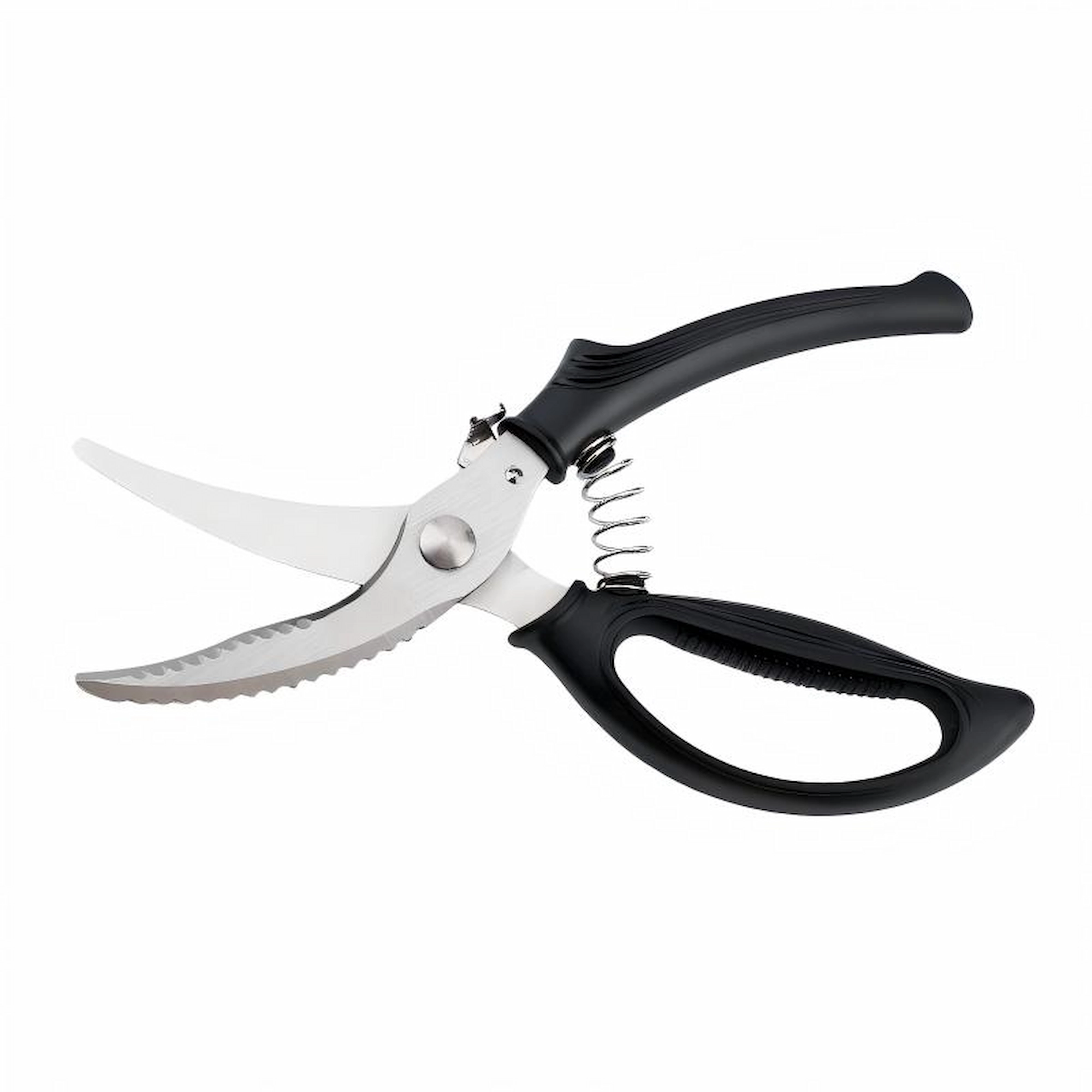 ：Heavy-duty spring-loaded poultry shears with ergonomic black handles in fully opened position isolated on white background, SKU KL-SC-SS-004.