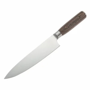 Professional Chef Knife - 45-Degree View | KaiLionCrafts An 8-inch high carbon stainless steel chef knife with Pakkawood handle isolated on white background, SKU: KL-KK-SS-026.