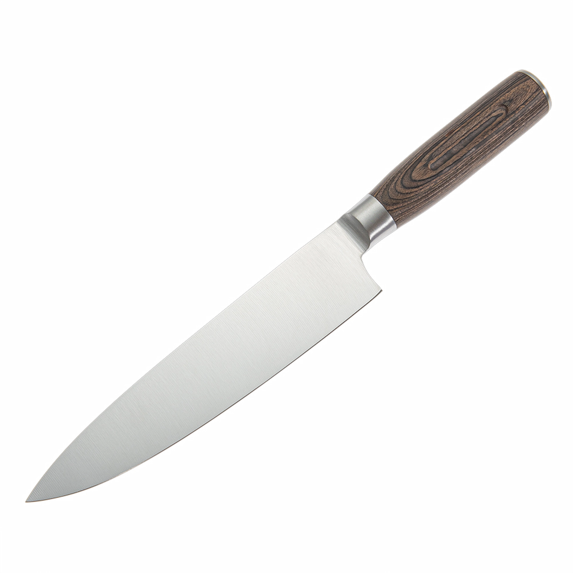 Professional Chef Knife - 45-Degree View | KaiLionCrafts An 8-inch high carbon stainless steel chef knife with Pakkawood handle isolated on white background, SKU: KL-KK-SS-026.