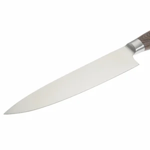 Professional Chef Knife - Blade Detail | KaiLionCrafts A detailed close-up of a high carbon stainless steel chef knife blade isolated on white background, SKU: KL-KK-SS-026.