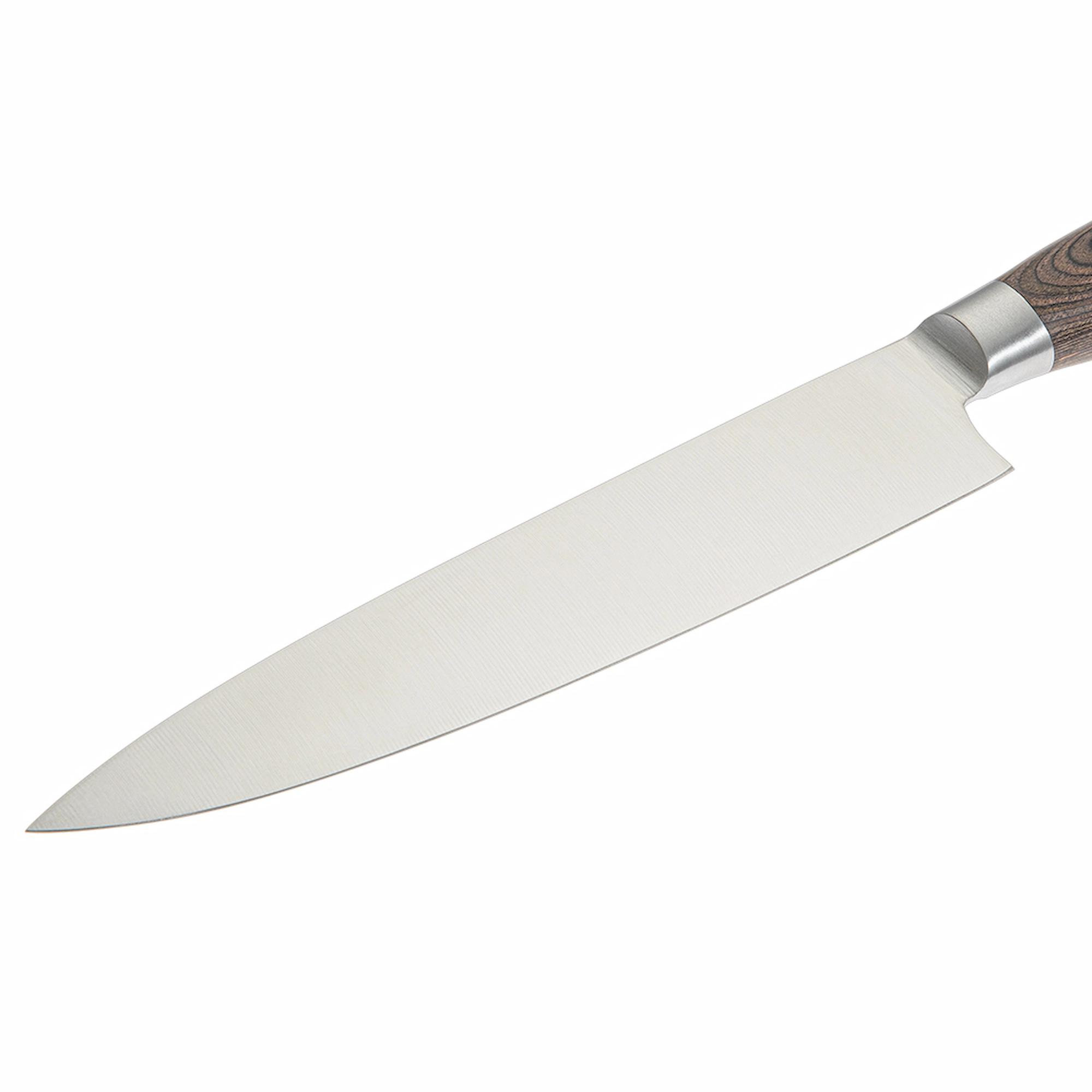Professional Chef Knife - Blade Detail | KaiLionCrafts A detailed close-up of a high carbon stainless steel chef knife blade isolated on white background, SKU: KL-KK-SS-026.