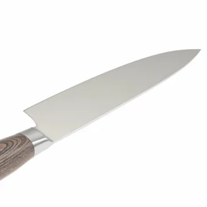 Professional Chef Knife - Blade Close-up | KaiLionCrafts A close-up view focusing on the satin-finished stainless steel blade and bolster transition of a chef knife, SKU: KL-KK-SS-026.