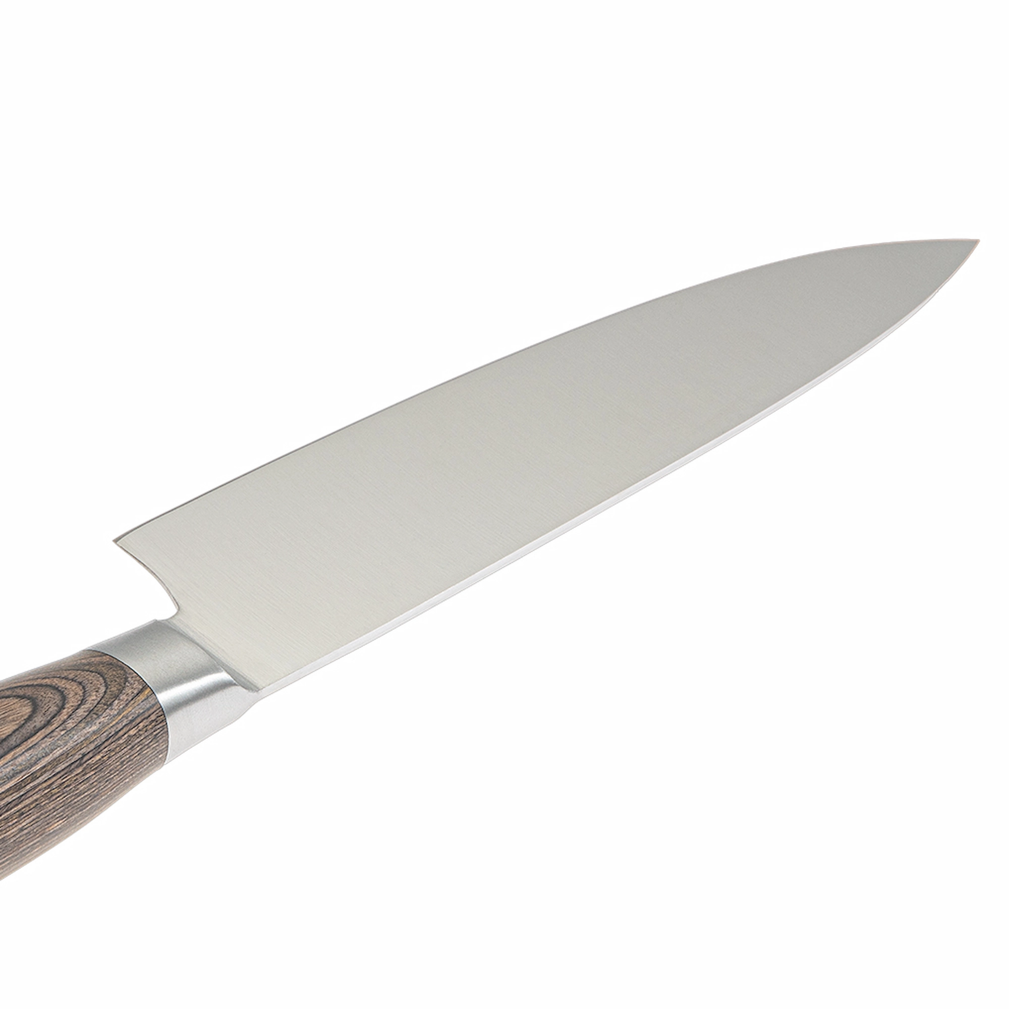 Professional Chef Knife - Blade Close-up | KaiLionCrafts A close-up view focusing on the satin-finished stainless steel blade and bolster transition of a chef knife, SKU: KL-KK-SS-026.