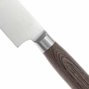 Professional Chef Knife - Bolster Detail | KaiLionCrafts A detailed close-up of the stainless steel bolster and Pakkawood handle transition on a chef knife, SKU: KL-KK-SS-026.