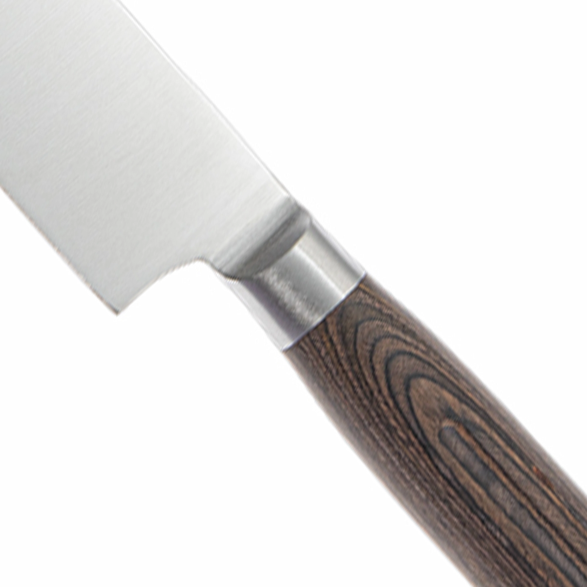 Professional Chef Knife - Bolster Detail | KaiLionCrafts A detailed close-up of the stainless steel bolster and Pakkawood handle transition on a chef knife, SKU: KL-KK-SS-026.