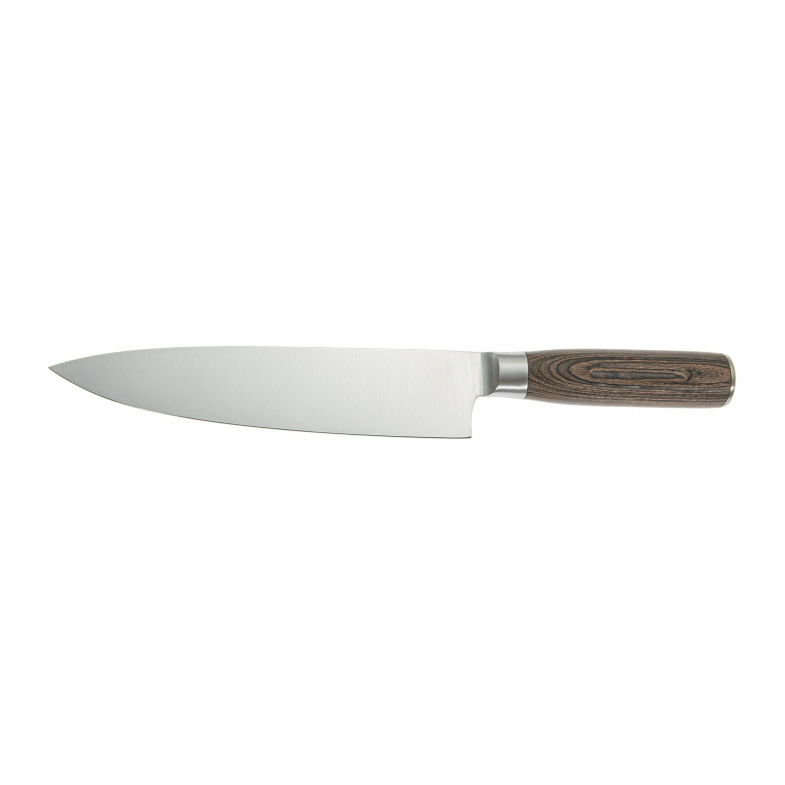 Professional Chef Knife - Front View | KaiLionCrafts An 8-inch high carbon stainless steel chef knife with a Pakkawood handle isolated on white background, SKU: KL-KK-SS-026.